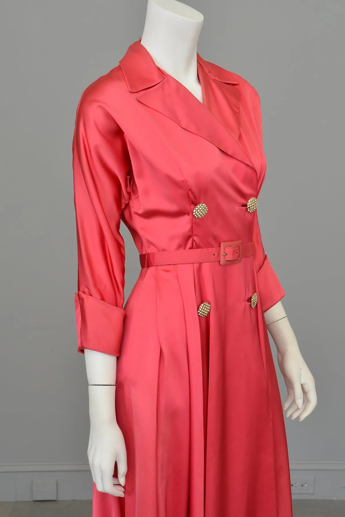 1940s Raspberry Pink Satin Wrap Front Dress House Coat