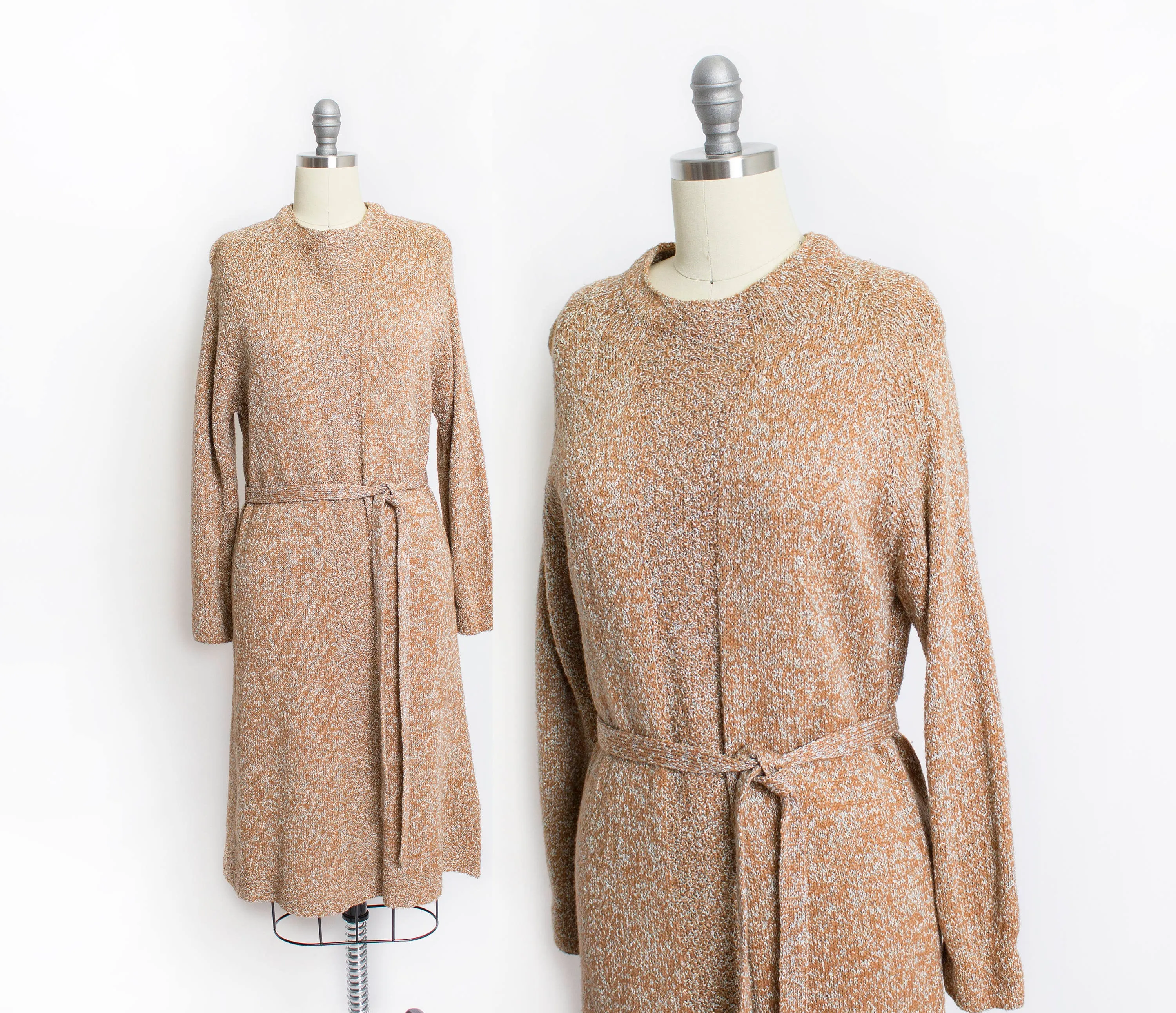 1970s Knit Sweater Dress Brown Gold Long Sleeve S