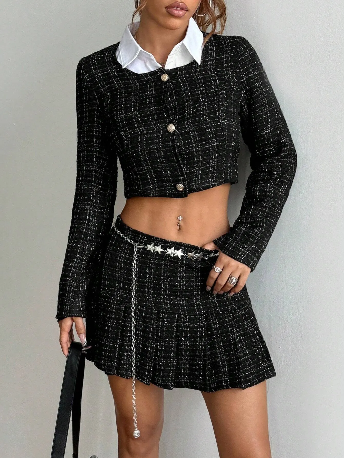 2pcs Women's Spring Autumn Plaid Single-Breasted Long Sleeve Cropped Jacket And Mini Skirt Set