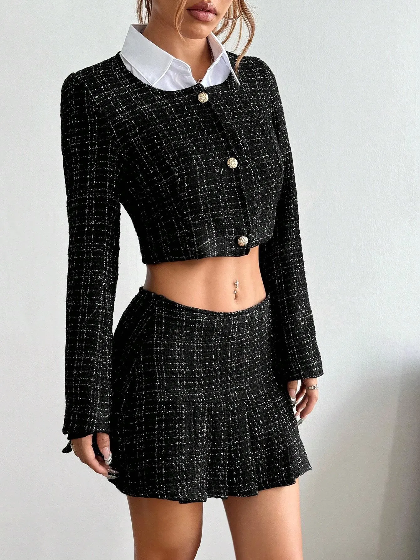 2pcs Women's Spring Autumn Plaid Single-Breasted Long Sleeve Cropped Jacket And Mini Skirt Set