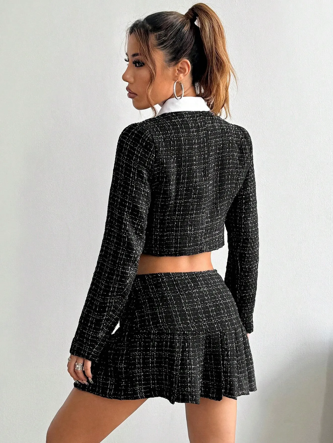 2pcs Women's Spring Autumn Plaid Single-Breasted Long Sleeve Cropped Jacket And Mini Skirt Set