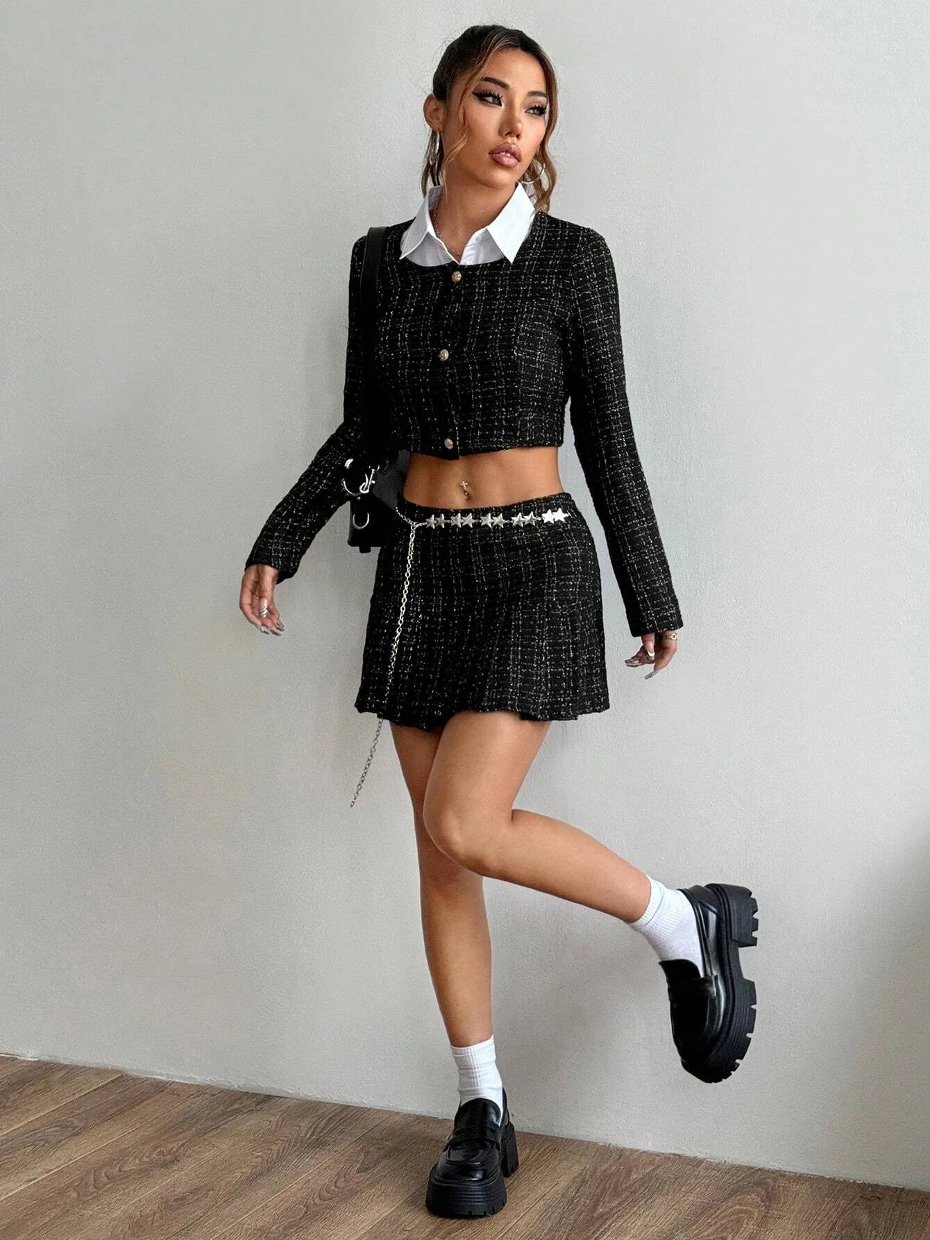 2pcs Women's Spring Autumn Plaid Single-Breasted Long Sleeve Cropped Jacket And Mini Skirt Set