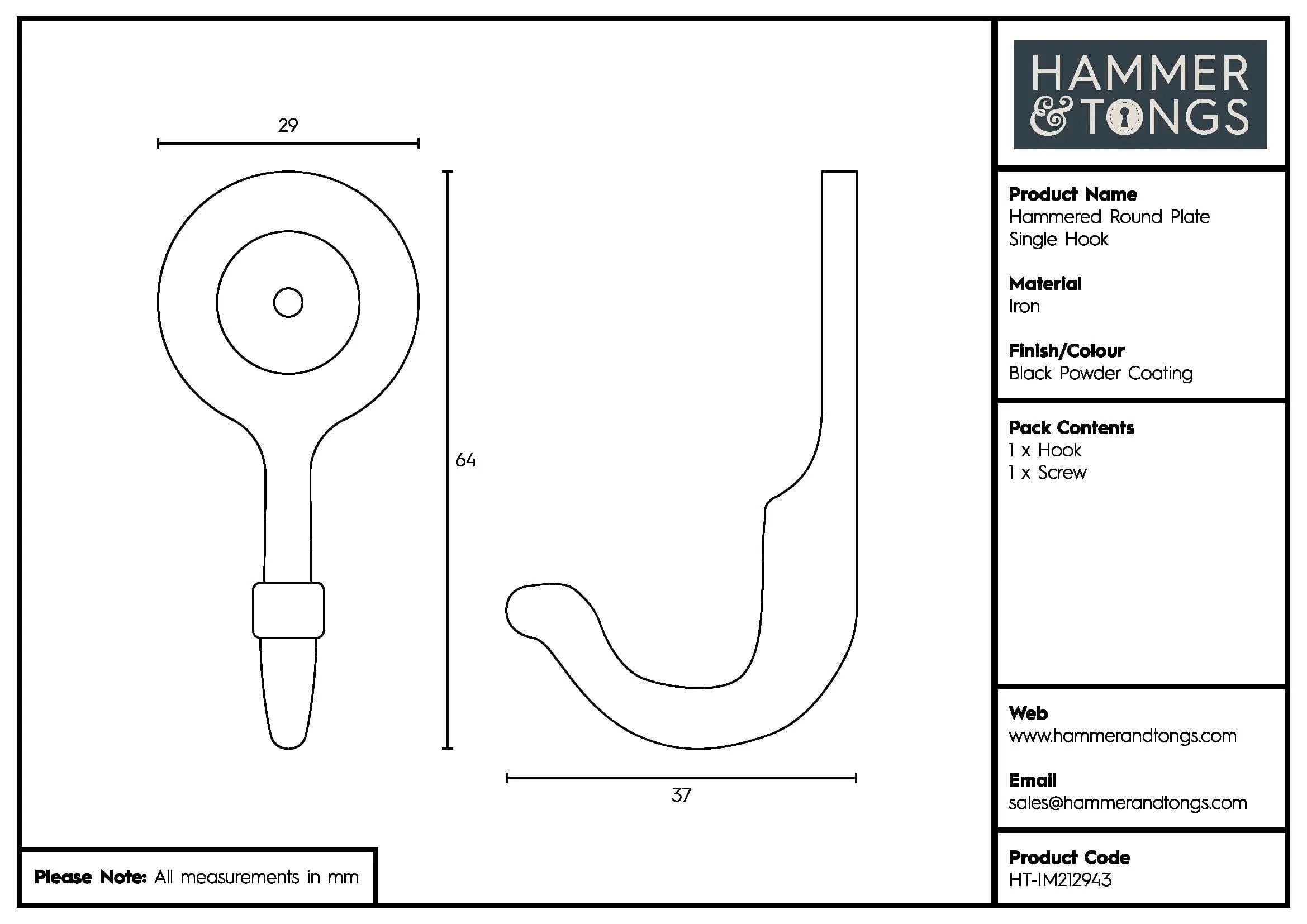 30mm x 65mm Black Hammered Round Plate Single Hook - By Hammer & Tongs