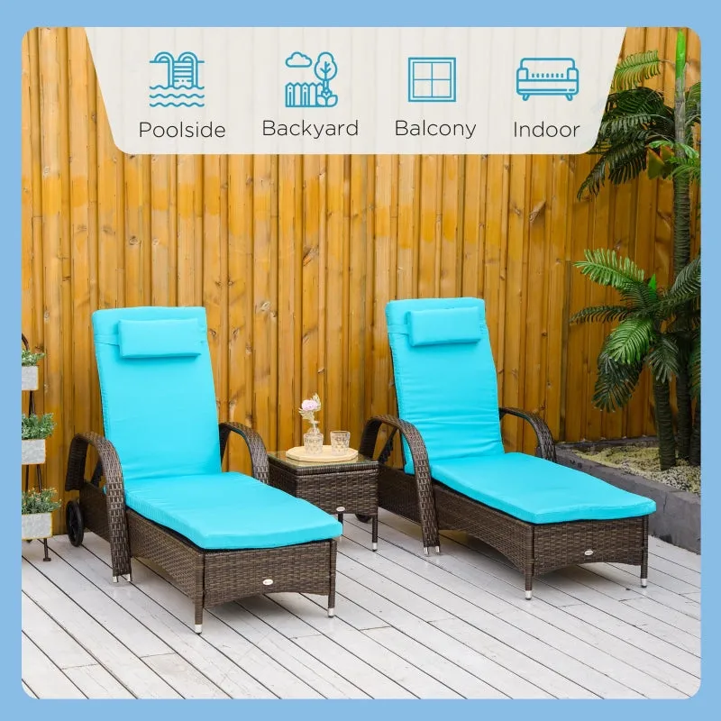 3pc Wheeled Patio Rattan Chaise Lounge Set - Brown and Blue