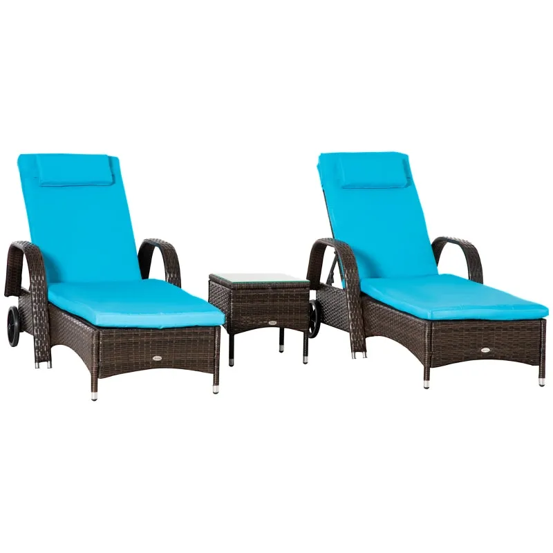 3pc Wheeled Patio Rattan Chaise Lounge Set - Brown and Blue