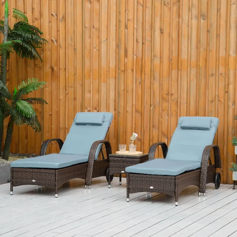 3pc Wheeled Patio Rattan Chaise Lounge Set - Brown and Gray