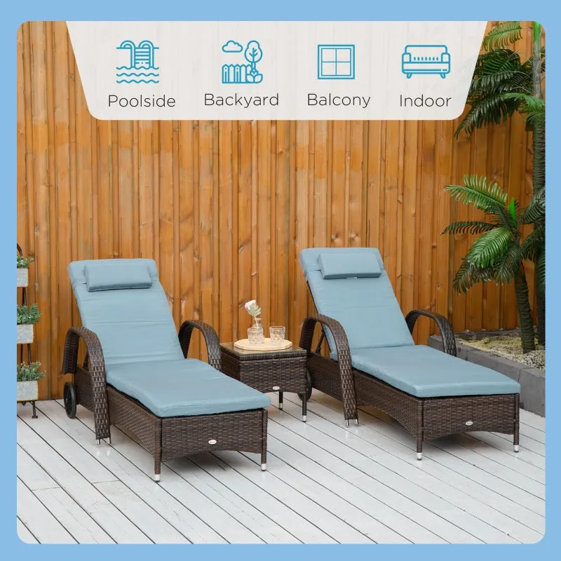 3pc Wheeled Patio Rattan Chaise Lounge Set - Brown and Gray