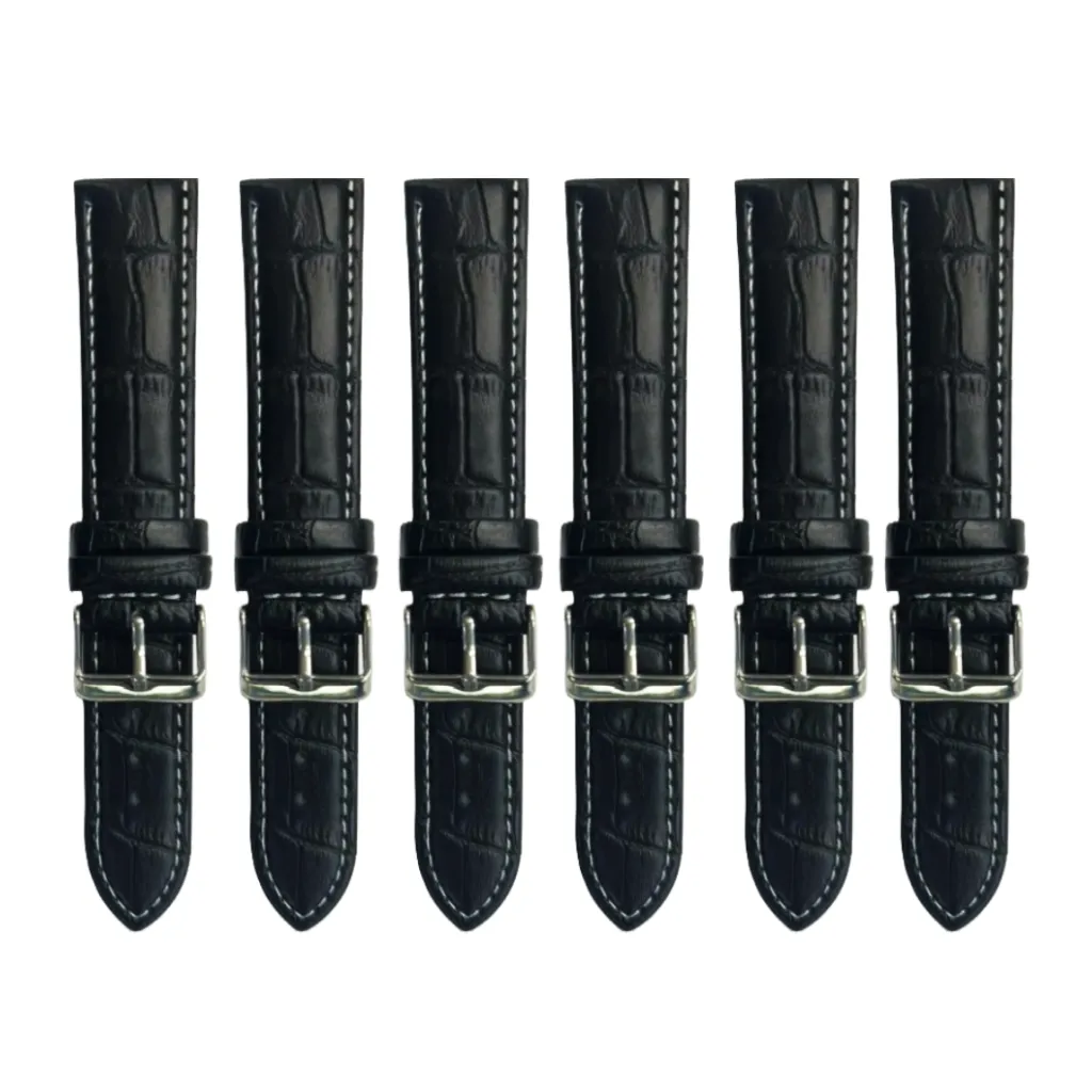 6PCS Alligator Grain Black Leather Watch Band (12MM-30MM   XXL Sizes) Padded w/White Stitches