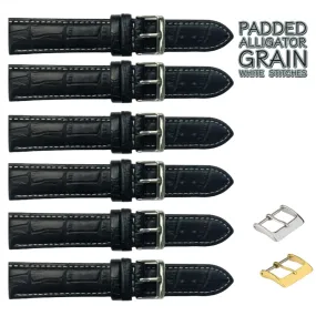 6PCS Alligator Grain Black Leather Watch Band (12MM-30MM   XXL Sizes) Padded w/White Stitches