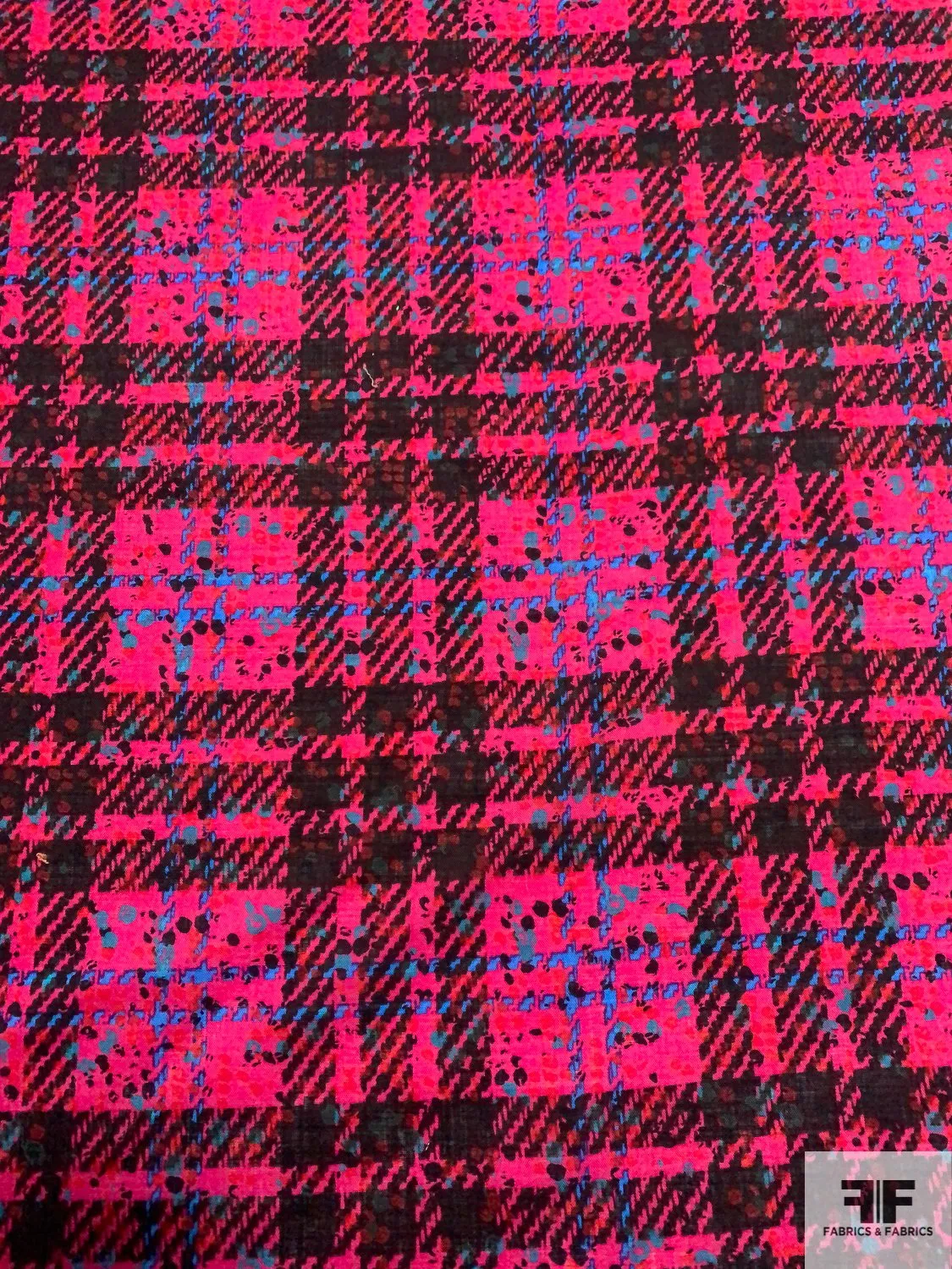 Abraham Plaid with Splatter Print Wool Challis - Magenta / Black / Blue