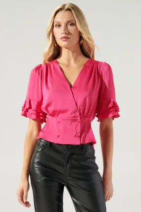 Afterthought Double Breasted Ruffle Sleeve Satin Blouse