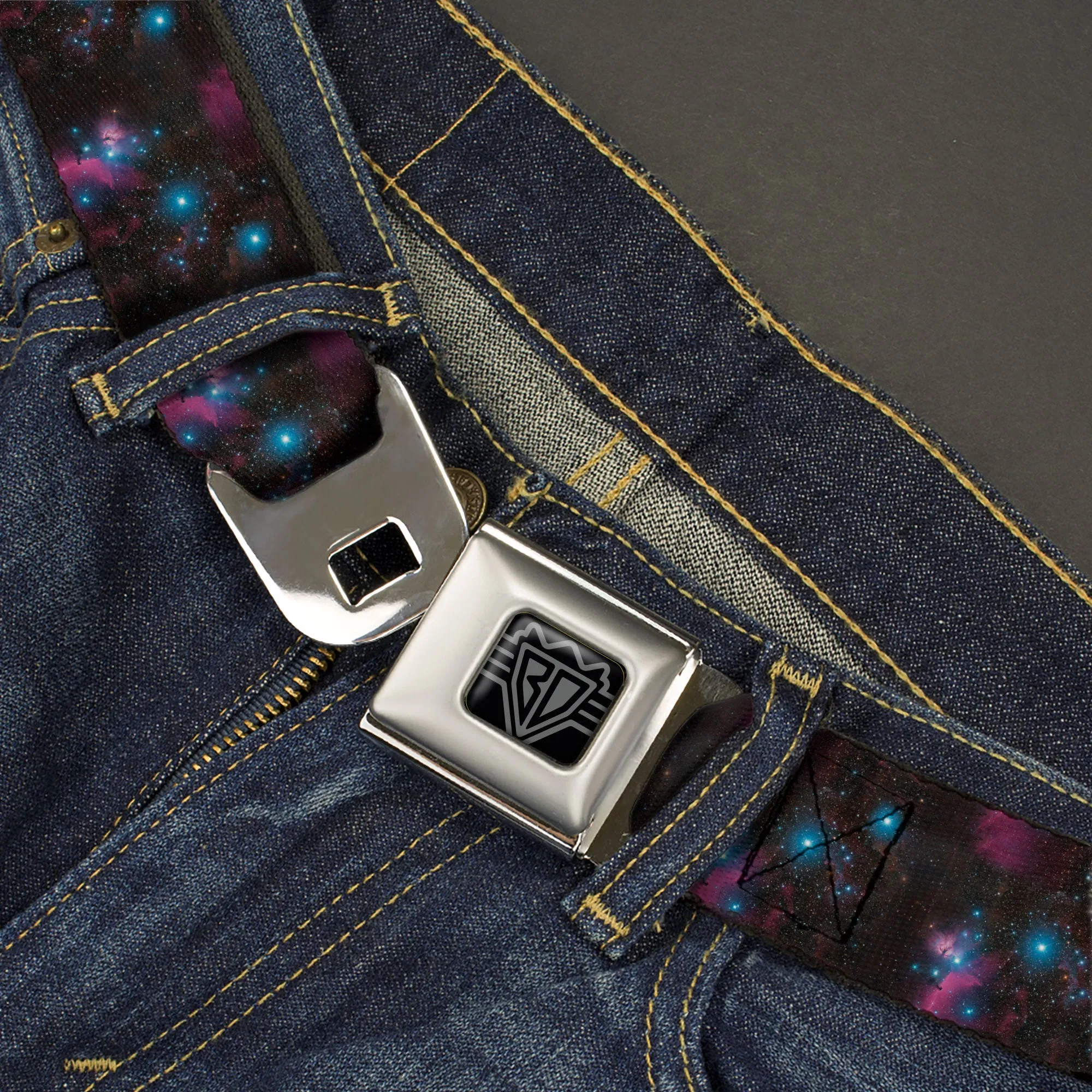 BD Wings Logo CLOSE-UP Black/Silver Seatbelt Belt - Orion's Belt Constellation Webbing