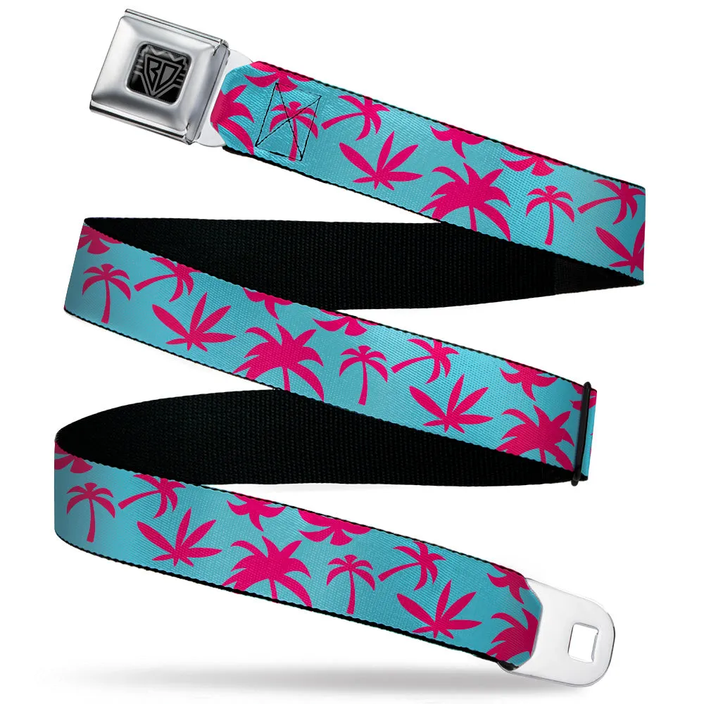 BD Wings Logo CLOSE-UP Black/Silver Seatbelt Belt - Palm Tree Silhouette4 Scattered Aqua/Pink Webbing