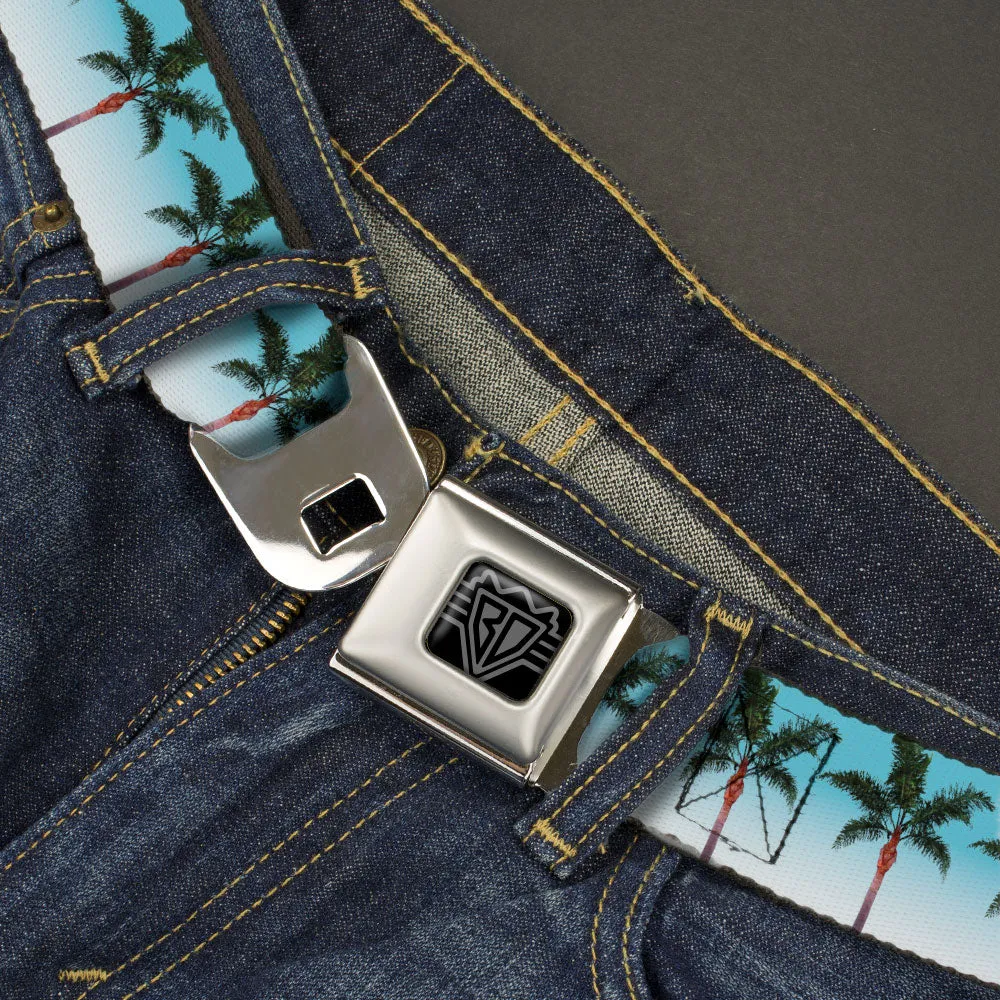 BD Wings Logo CLOSE-UP Black/Silver Seatbelt Belt - Palm Tree Skyline Webbing