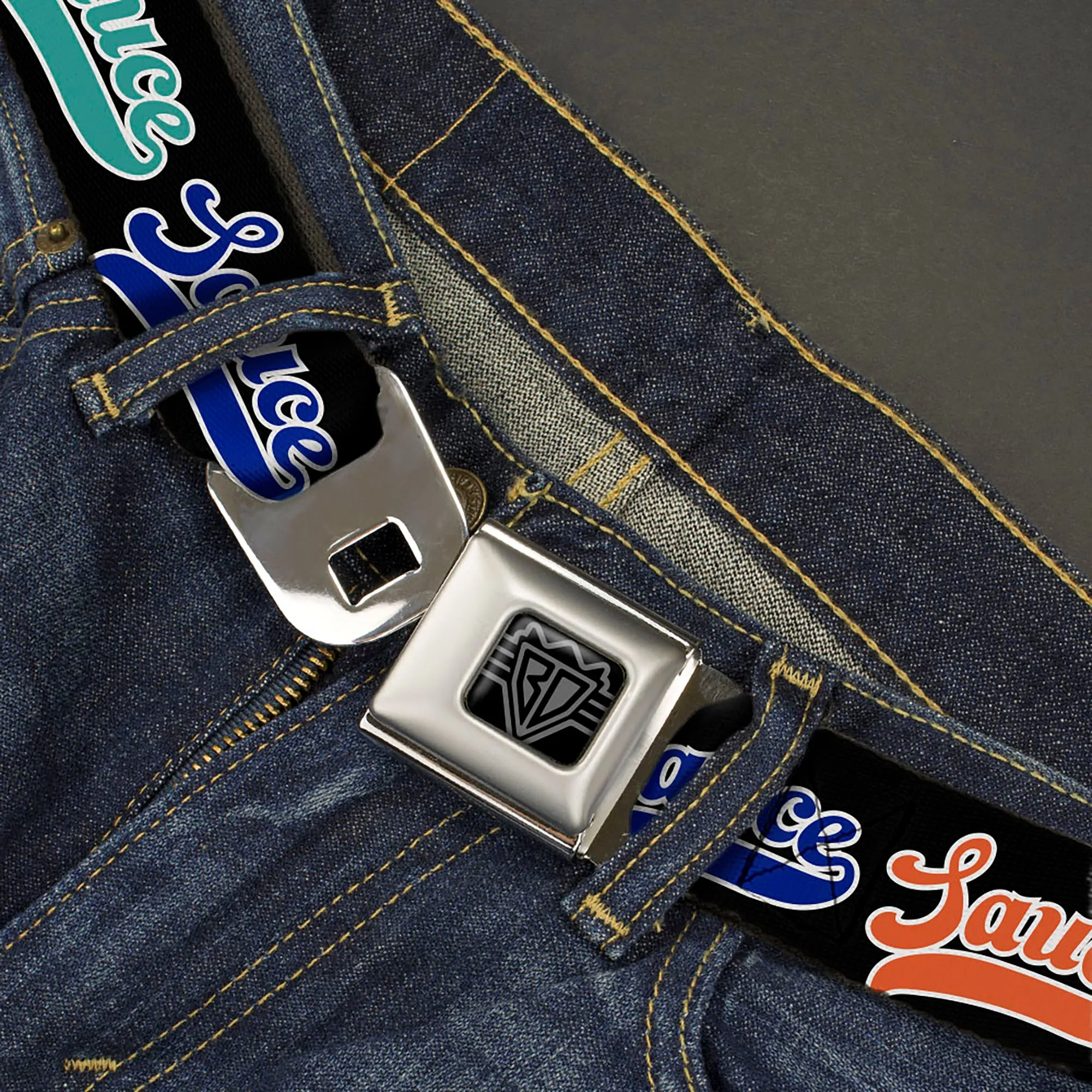 BD Wings Logo CLOSE-UP Black/Silver Seatbelt Belt - SAUCE Baseball Script Black/Multi Color Webbing