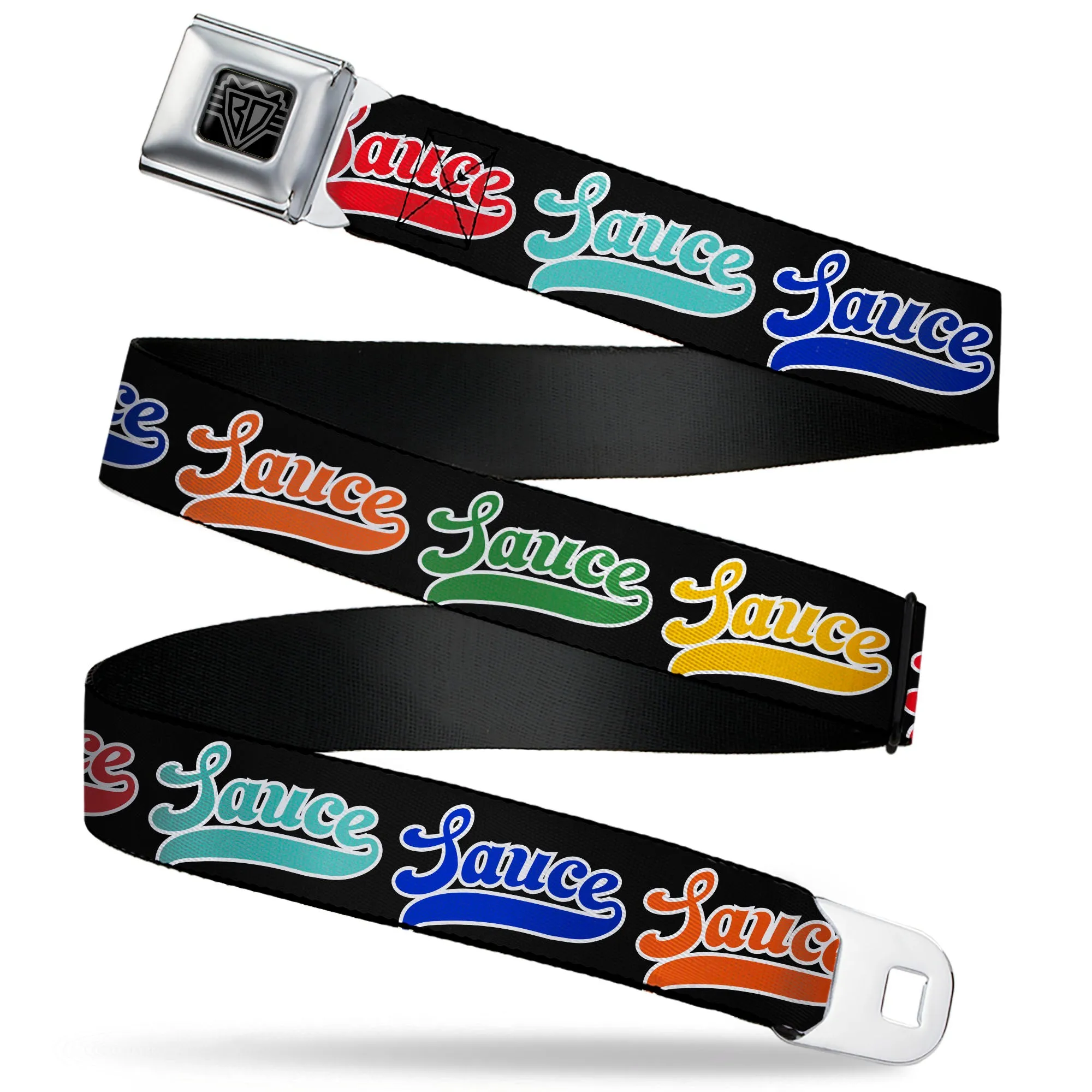 BD Wings Logo CLOSE-UP Black/Silver Seatbelt Belt - SAUCE Baseball Script Black/Multi Color Webbing