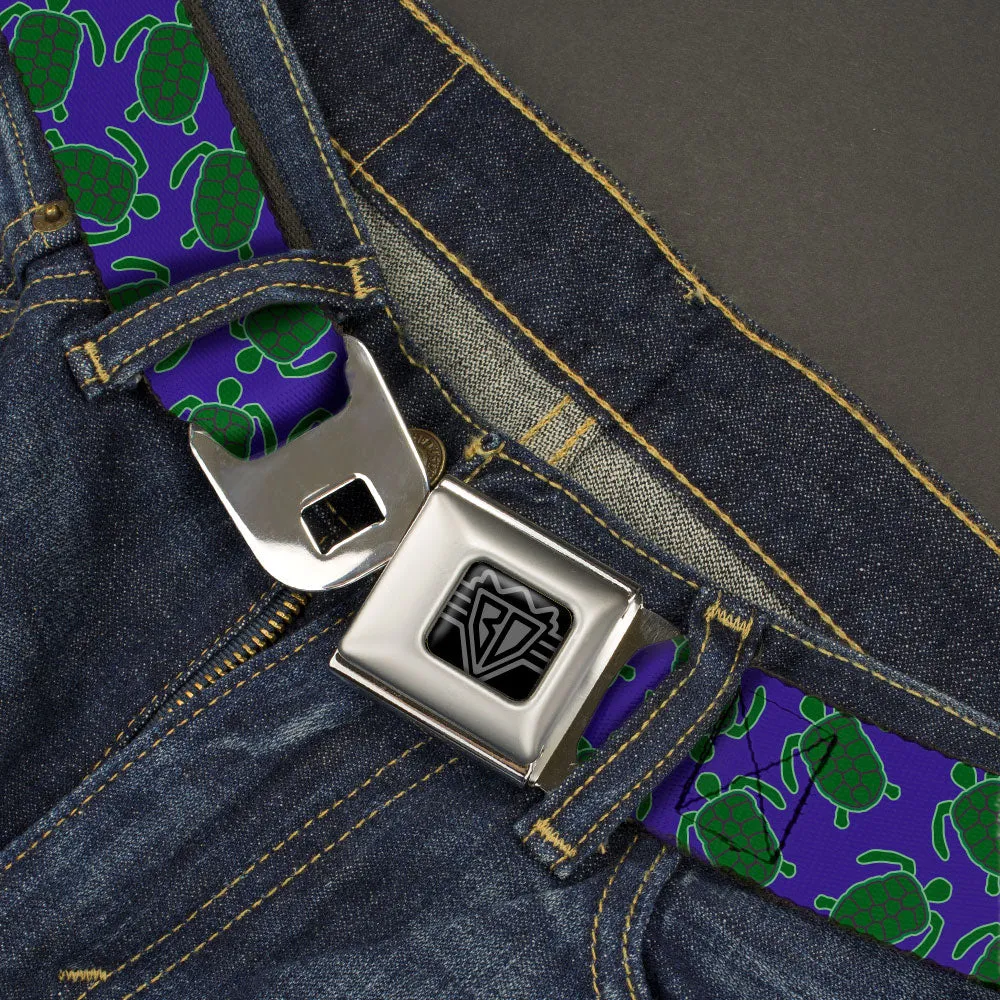 BD Wings Logo CLOSE-UP Black/Silver Seatbelt Belt - Sea Turtles Scattered Blue/Green Webbing