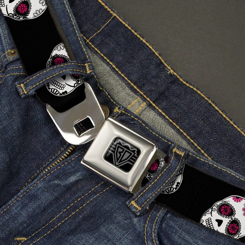 BD Wings Logo CLOSE-UP Black/Silver Seatbelt Belt - Staggered Sugar Skulls Black/White/Pink Webbing by Buckle-Down