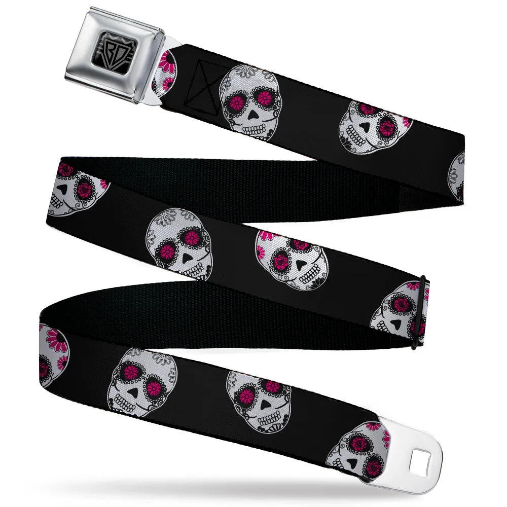 BD Wings Logo CLOSE-UP Black/Silver Seatbelt Belt - Staggered Sugar Skulls Black/White/Pink Webbing by Buckle-Down