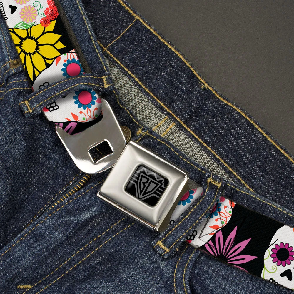 BD Wings Logo CLOSE-UP Black/Silver Seatbelt Belt - Sugar Skulls & Flowers Black/Multi Color Webbing by Buckle-Down