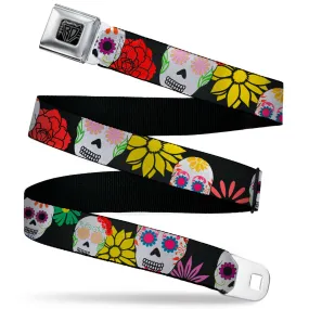 BD Wings Logo CLOSE-UP Black/Silver Seatbelt Belt - Sugar Skulls & Flowers Black/Multi Color Webbing by Buckle-Down