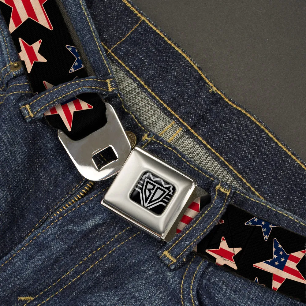 BD Wings Logo CLOSE-UP Full Color Black Silver Seatbelt Belt - Americana Stars & Flags Black/Red/White/Blue Webbing