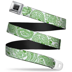 BD Wings Logo CLOSE-UP Full Color Black Silver Seatbelt Belt - Bandana/Skulls White/Irish Green Webbing