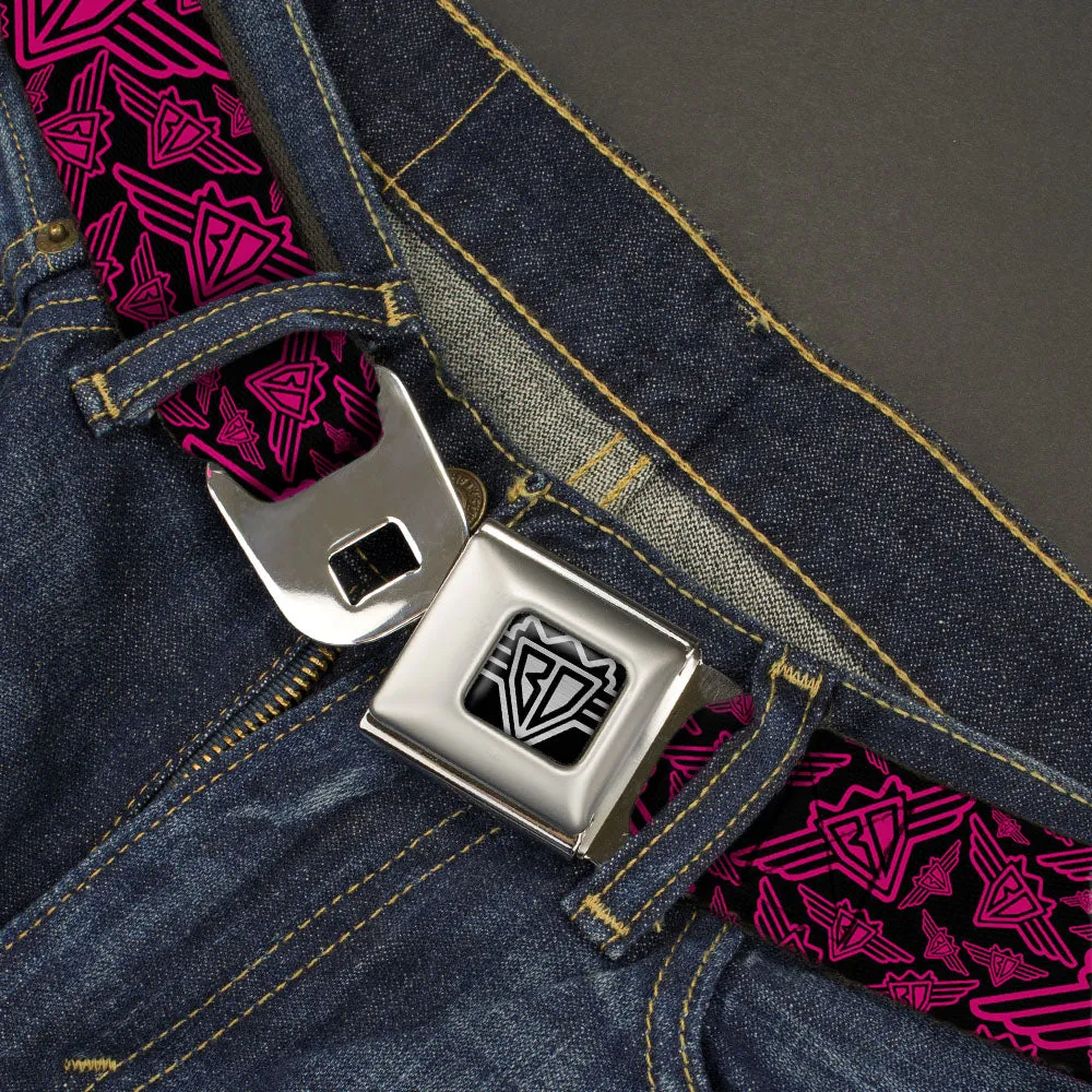 BD Wings Logo CLOSE-UP Full Color Black Silver Seatbelt Belt - BD Logo Scattered Black/Fuchsia Webbing