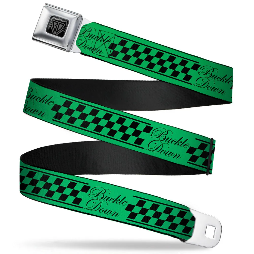 BD Wings Logo CLOSE-UP Full Color Black Silver Seatbelt Belt - Buckle-Down Cab Stripe Green/Yellow Fade Webbing