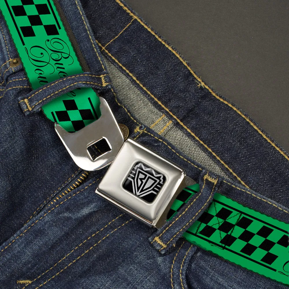 BD Wings Logo CLOSE-UP Full Color Black Silver Seatbelt Belt - Buckle-Down Cab Stripe Green/Yellow Fade Webbing