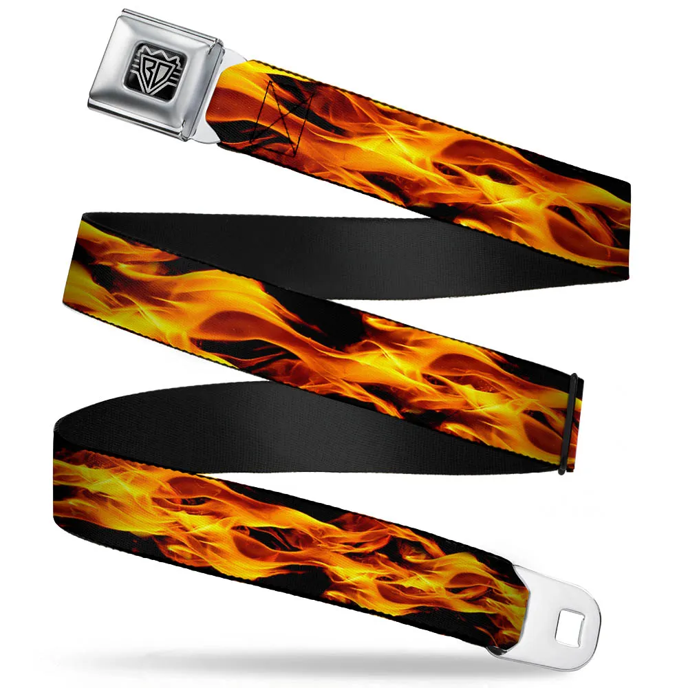 BD Wings Logo CLOSE-UP Full Color Black Silver Seatbelt Belt - Flames Vivid Black/Orange Webbing by Buckle-Down