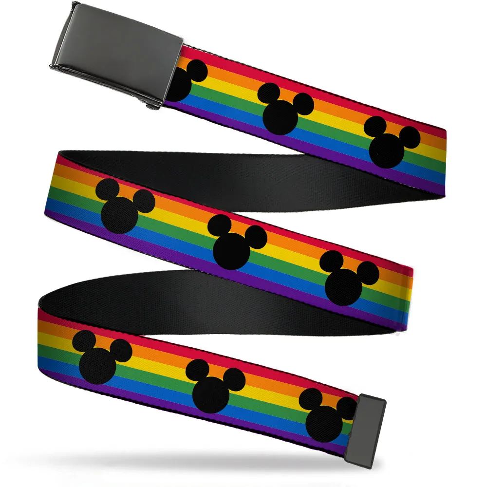 Black Buckle Web Belt - Mickey Mouse Ears Icon Rainbow Pride Flag Webbing by Buckle-Down