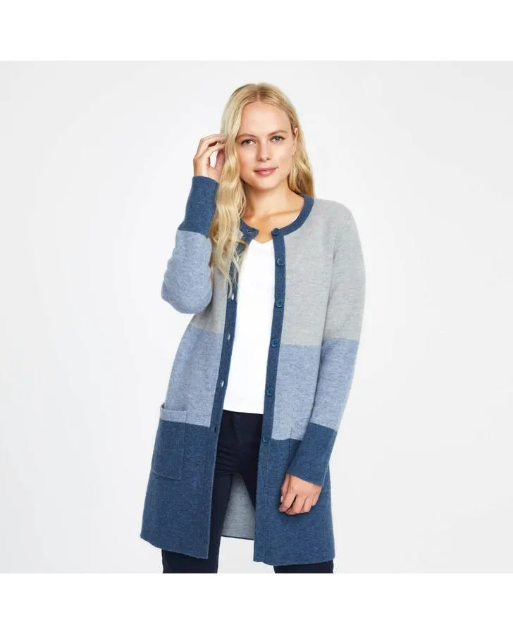 Blue Boiled Wool Colour Block Cardigan