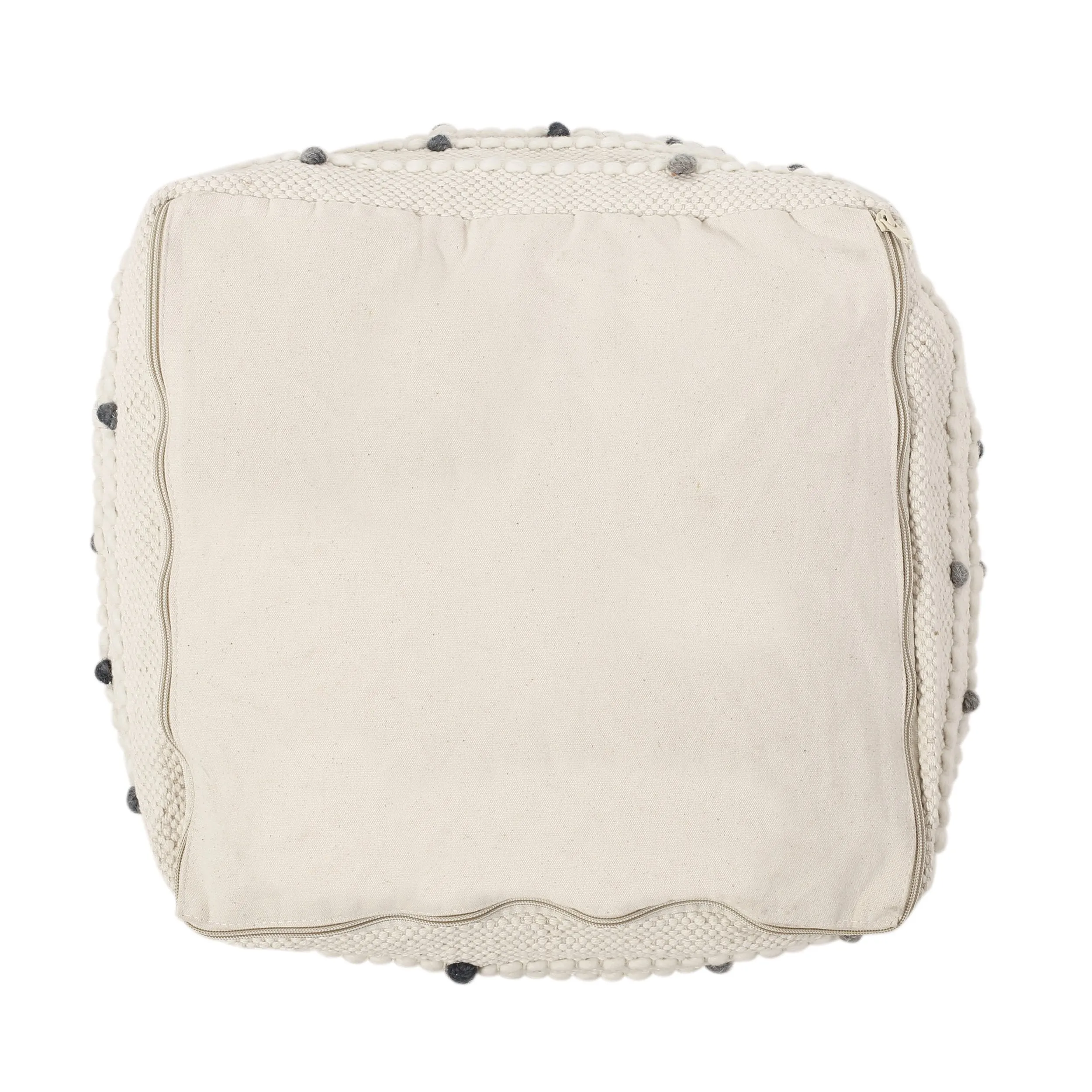 Boho Handcrafted Fabric Cube Pouf, Ivory and Blue - NH123413