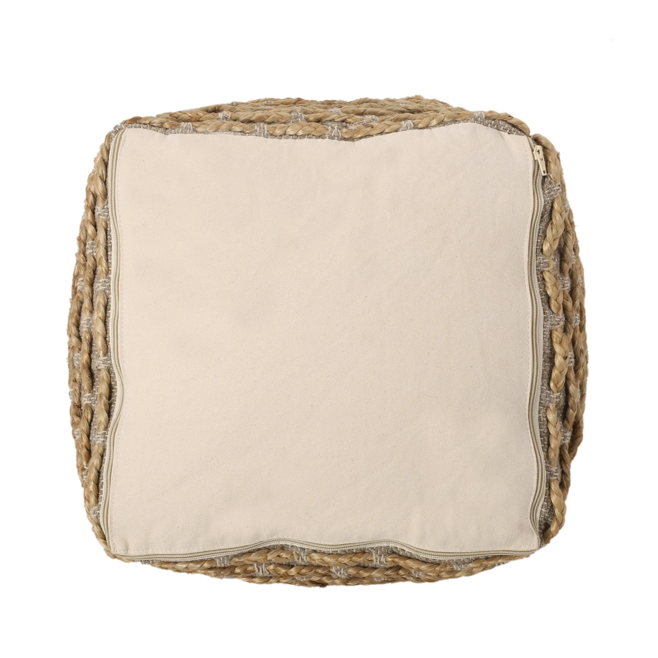 Boho Handcrafted Fabric Cube Pouf, Natural - NH914413