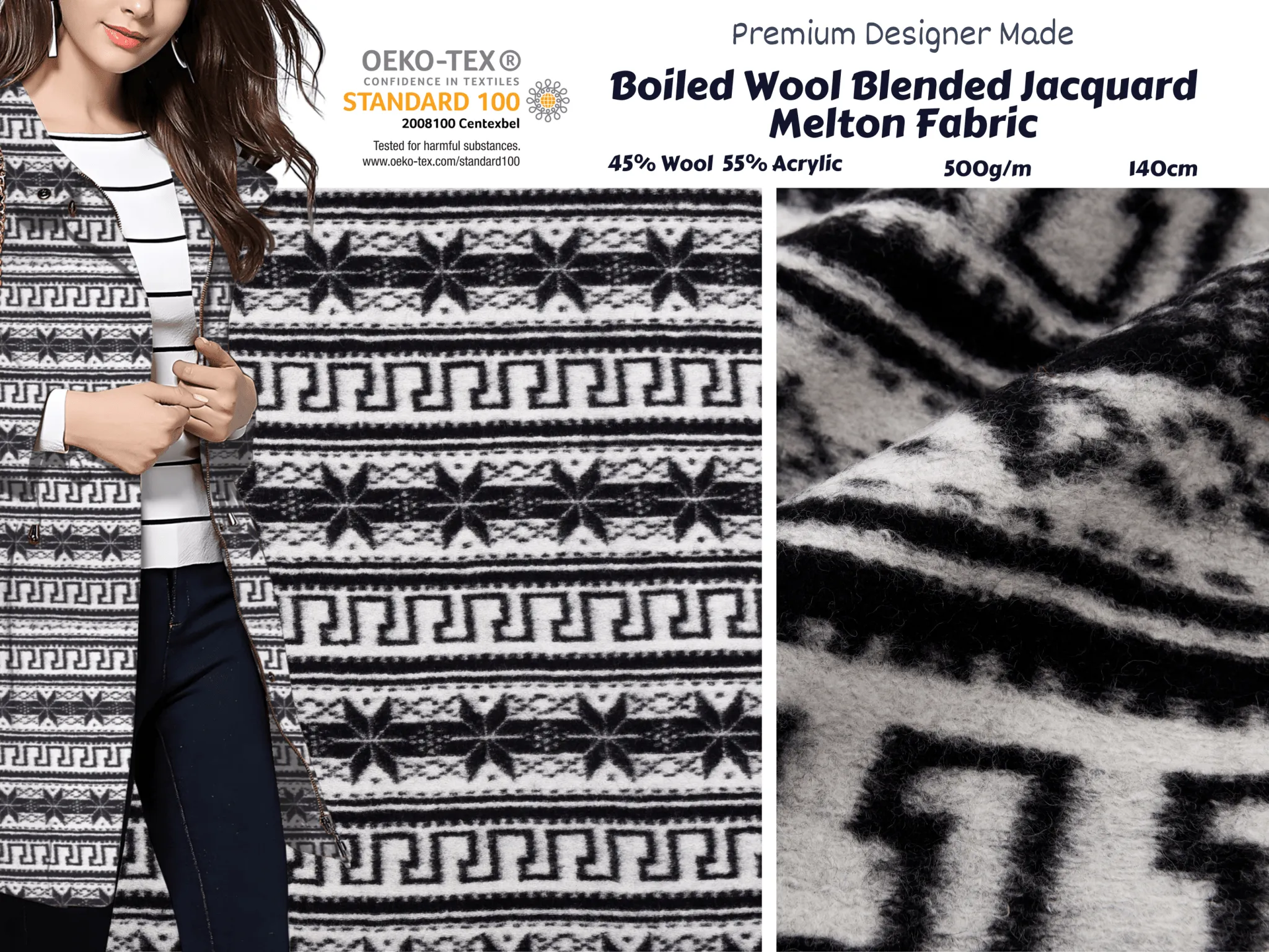 Boiled Wool Blended Jacquard Printed Melton  Fabric