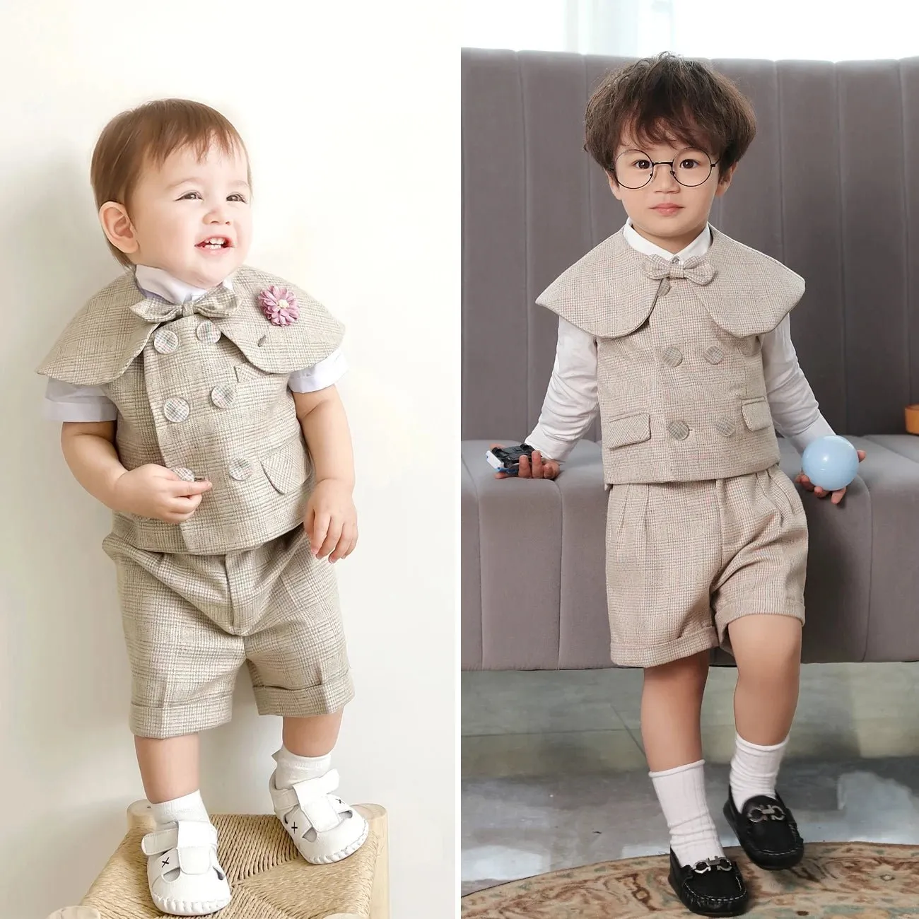 Boys' Four Piece Suit Set with Vest, Shirt, Shorts & Hat