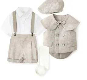 Boys' Four Piece Suit Set with Vest, Shirt, Shorts & Hat