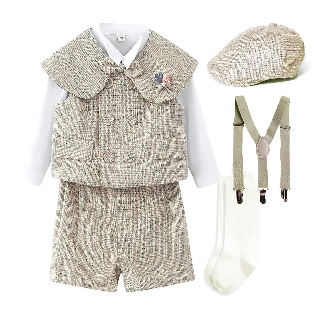 Boys' Four Piece Suit Set with Vest, Shirt, Shorts & Hat