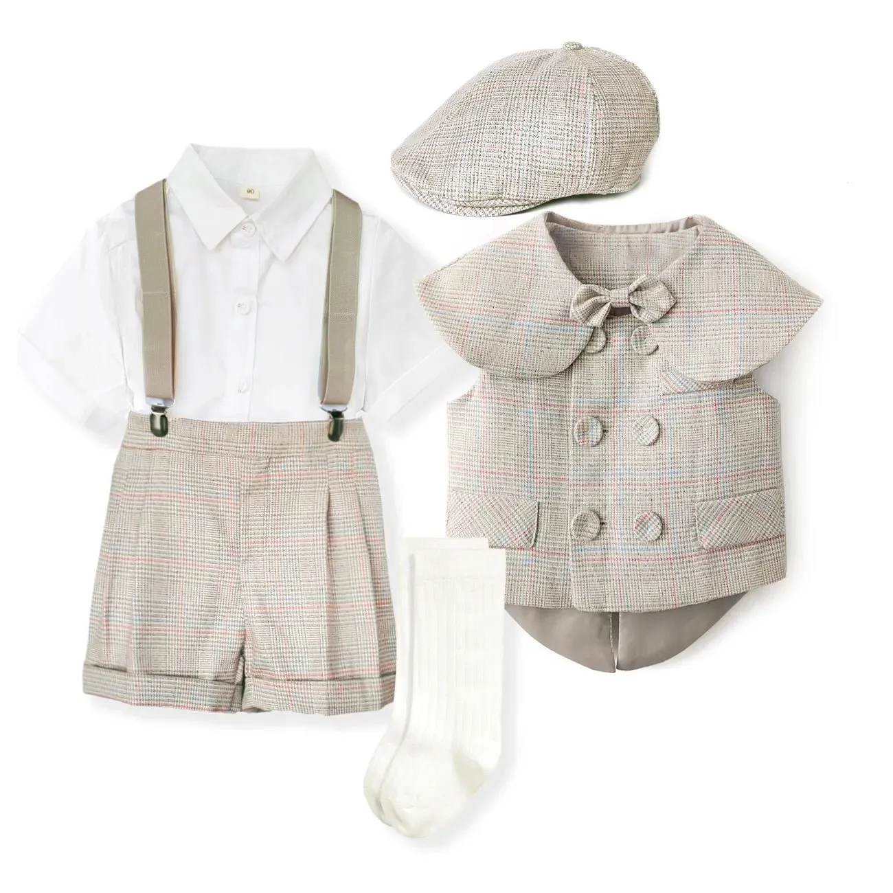 Boys' Four Piece Suit Set with Vest, Shirt, Shorts & Hat