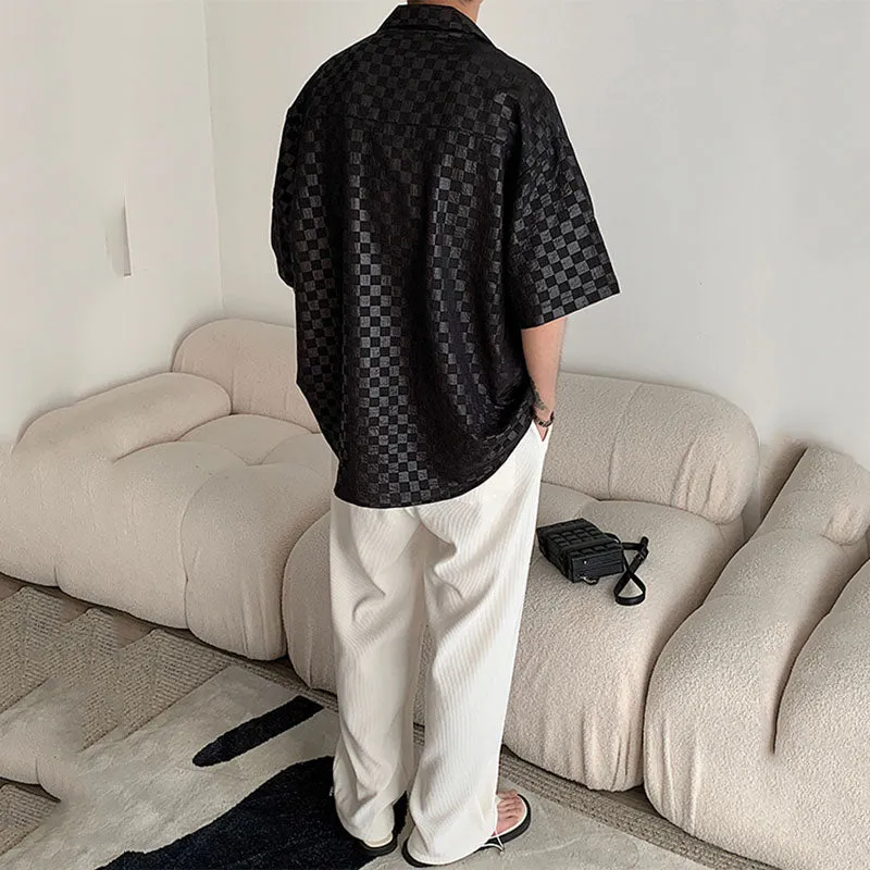 Checkerboard Lapel Short Sleeve Shirt