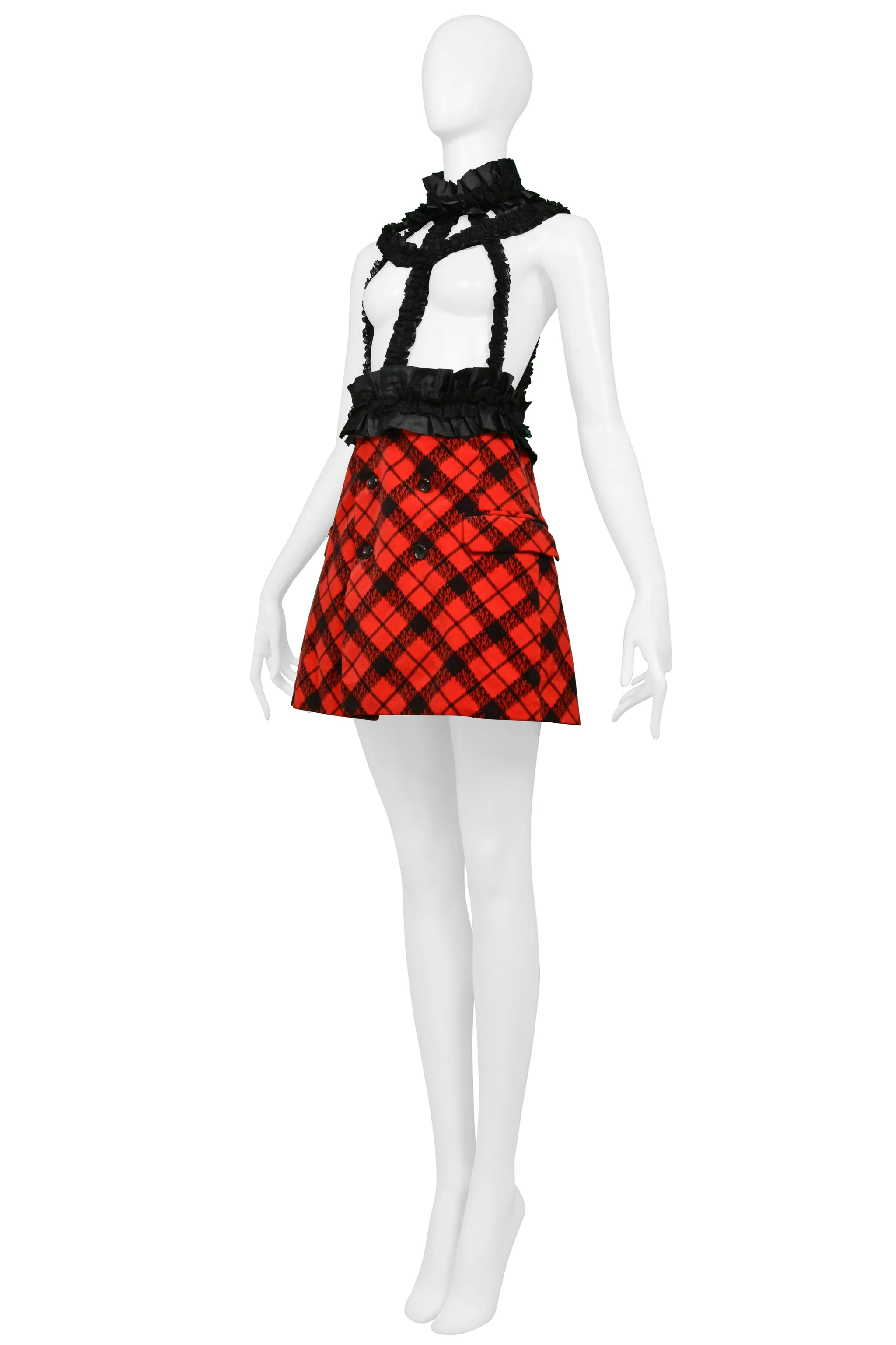 COMME DES GARCONS RED VELVET & BLACK PLAID MINI DRESS WITH RIBBON BRACES 2008