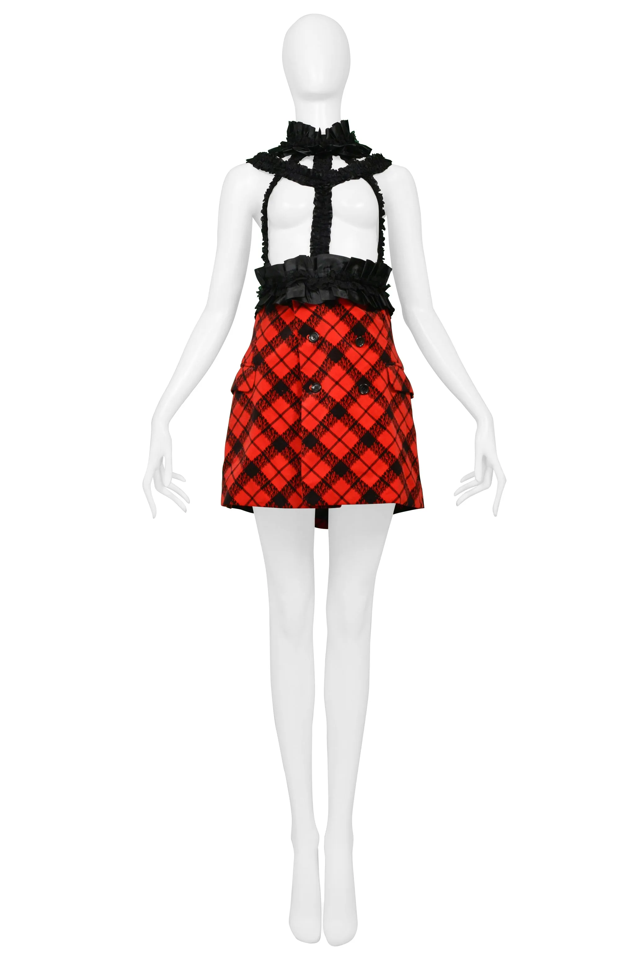 COMME DES GARCONS RED VELVET & BLACK PLAID MINI DRESS WITH RIBBON BRACES 2008