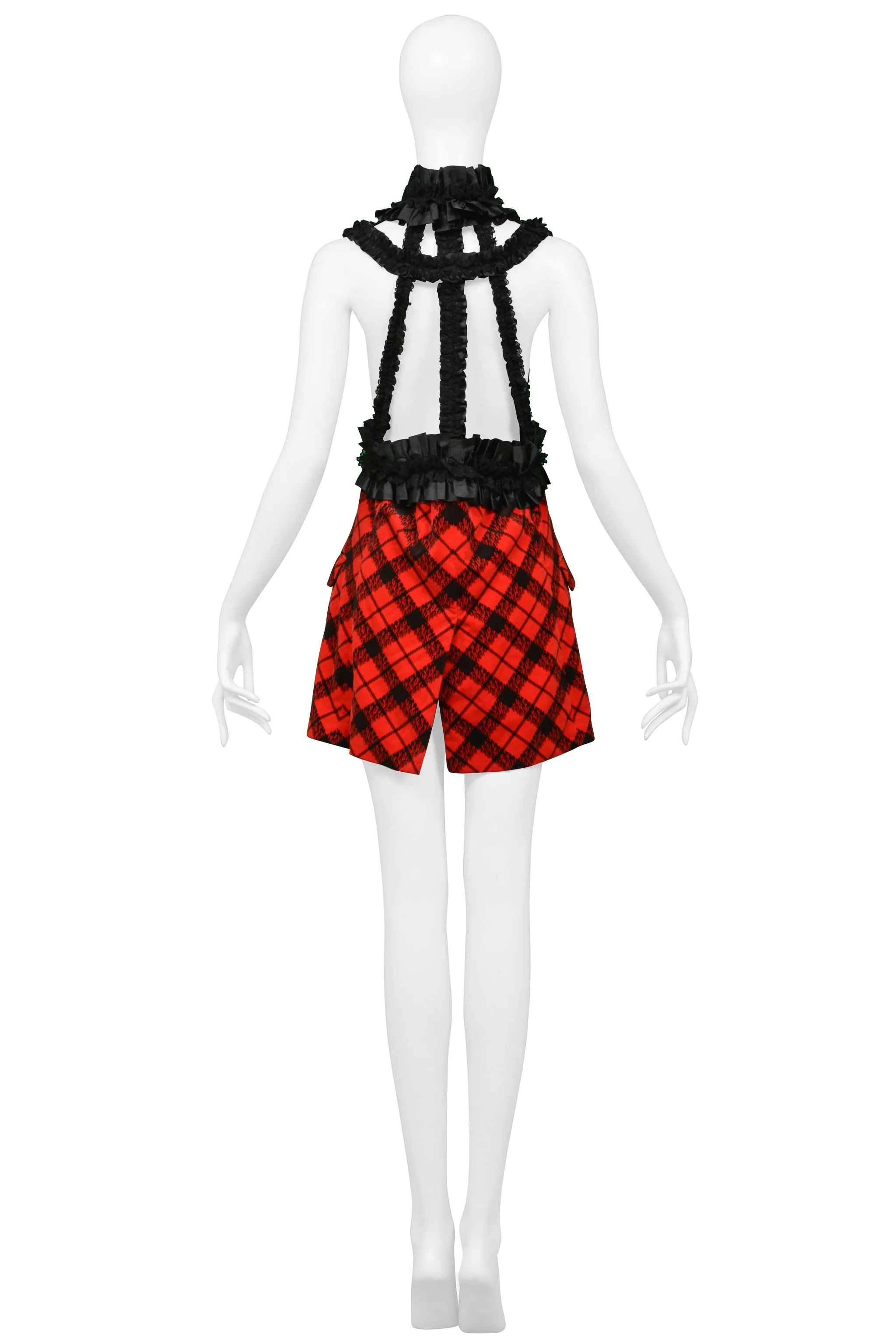 COMME DES GARCONS RED VELVET & BLACK PLAID MINI DRESS WITH RIBBON BRACES 2008