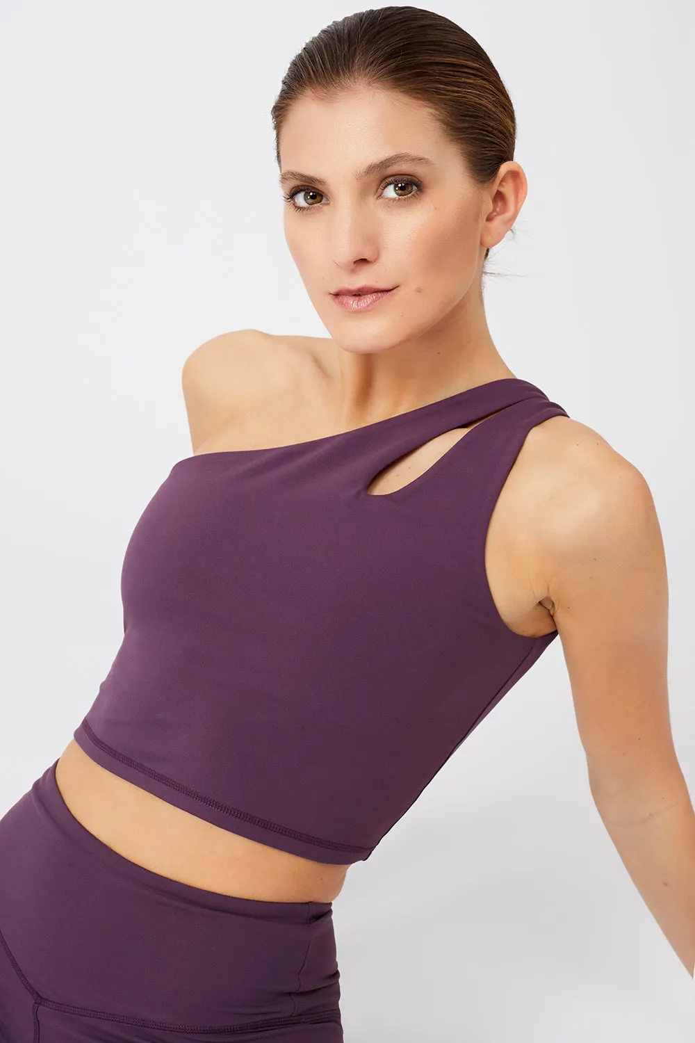 Cropped Shoulder Top   Flared Sports Pants (Purple Passion)