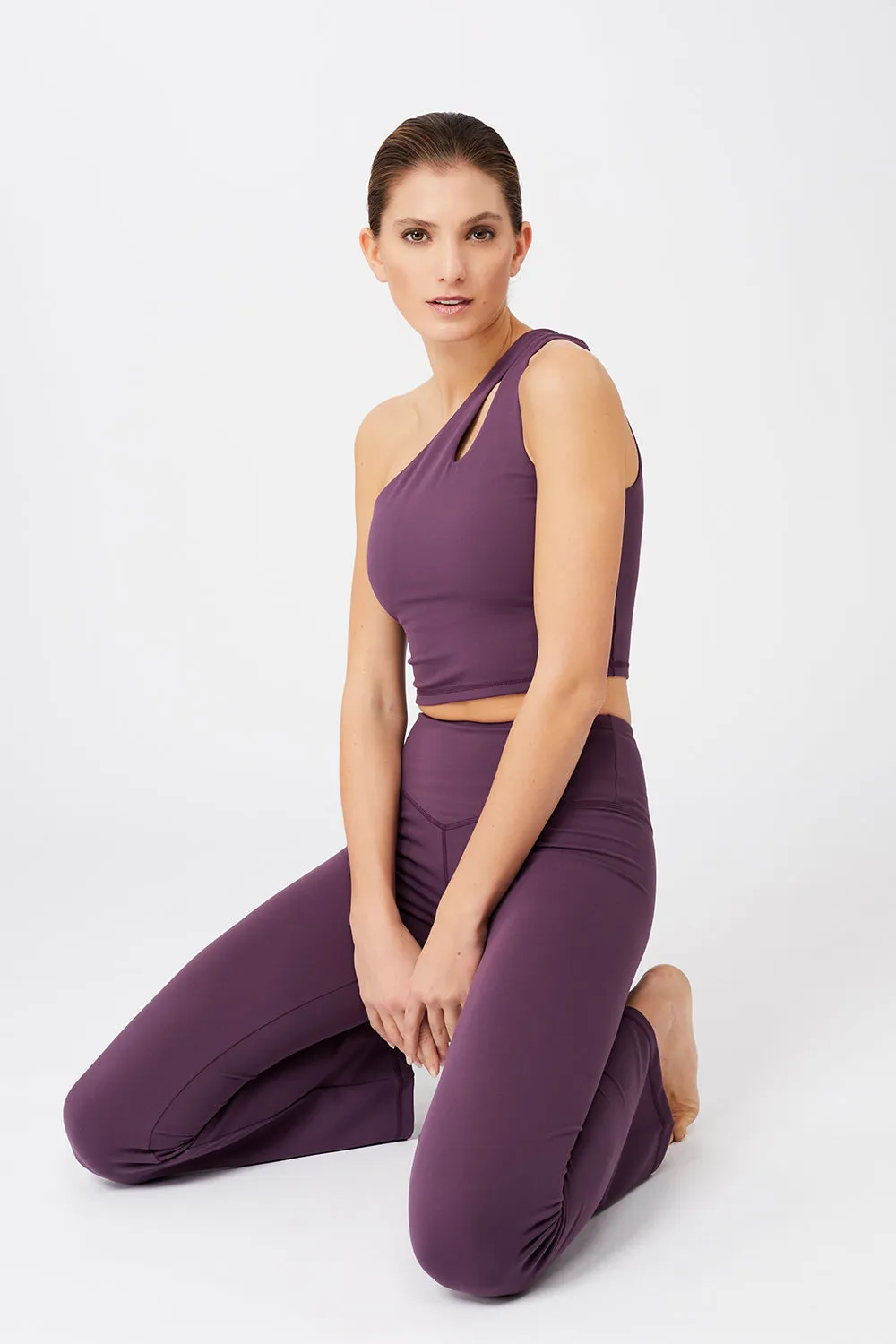 Cropped Shoulder Top   Flared Sports Pants (Purple Passion)