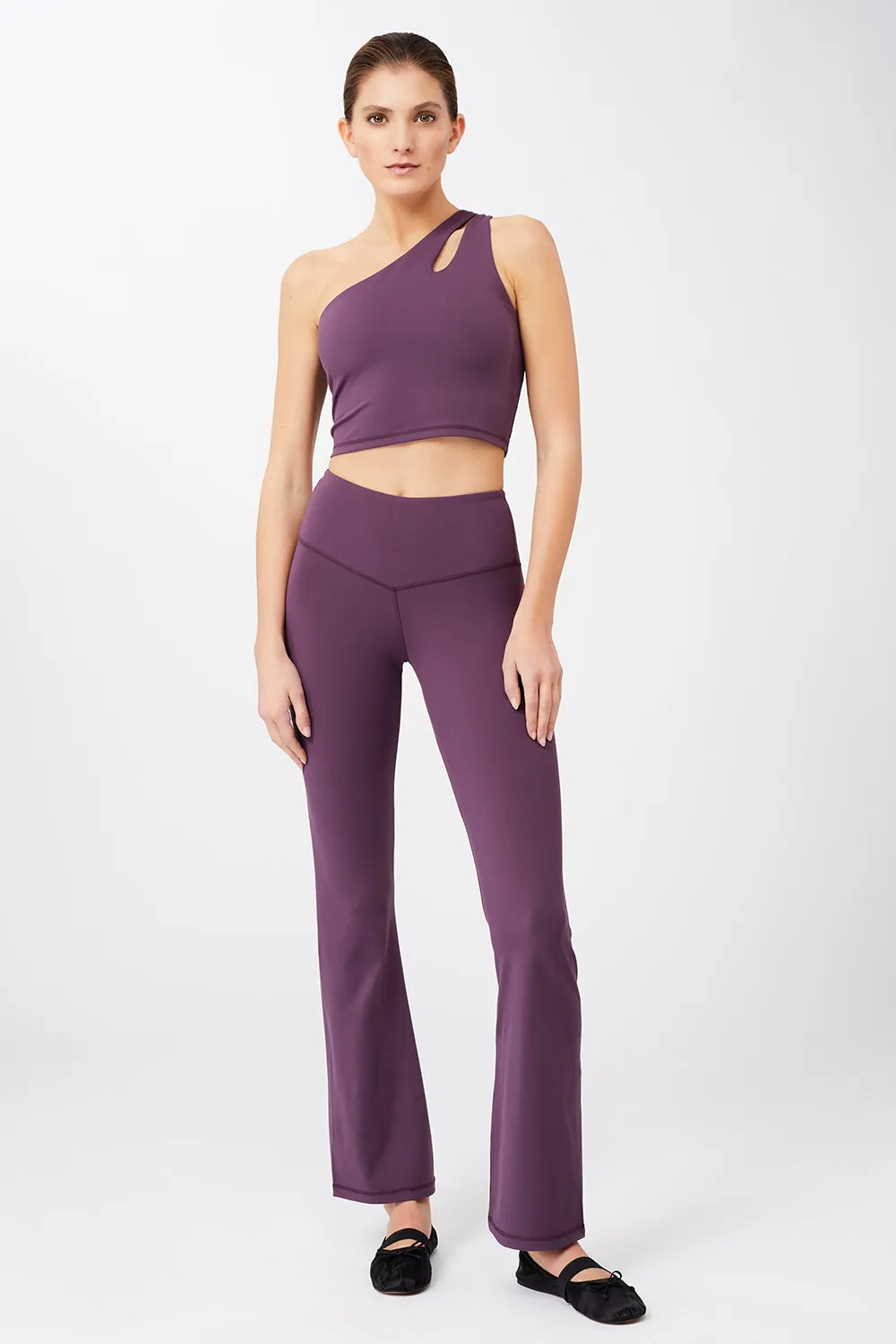 Cropped Shoulder Top   Flared Sports Pants (Purple Passion)