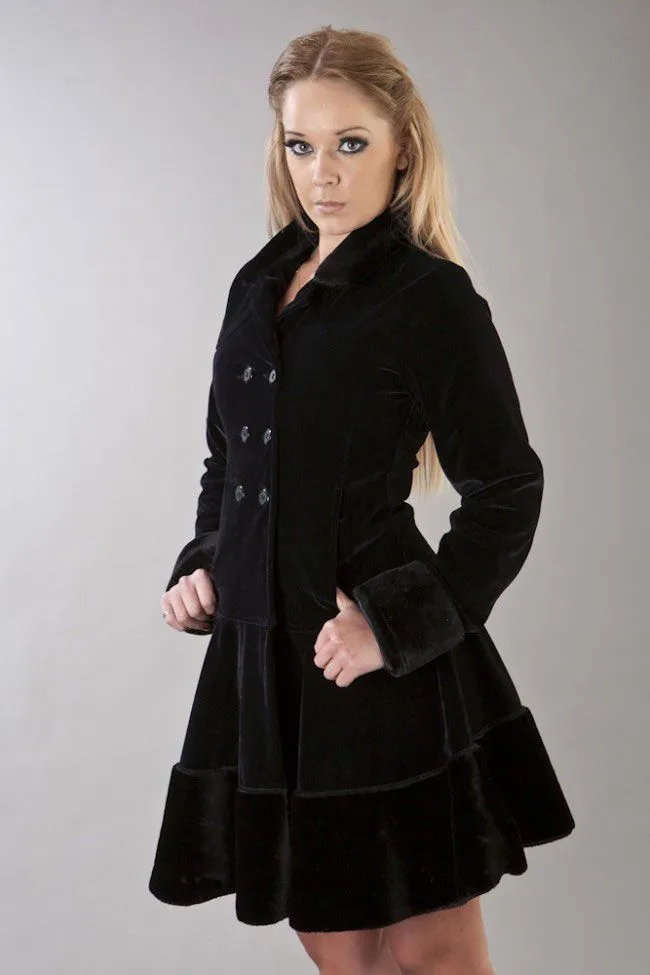 Dark Women's Coat In Black Velvet Flock And Black Fur