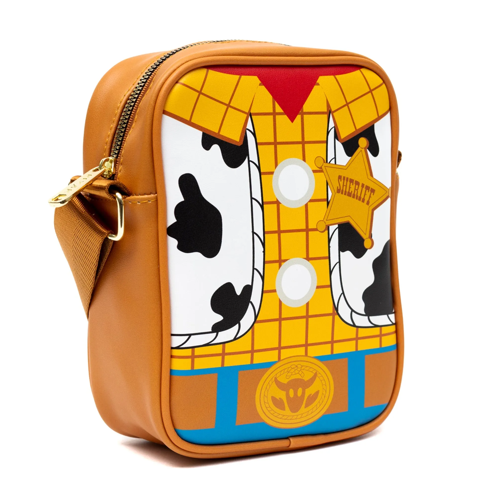 Disney Vegan Leather Cross Body Backpack for Men and Women with Adjustable Strap, Toy Story Woody Doll Chest with Back Close Up Brown