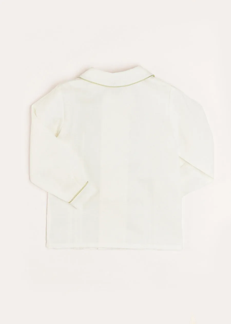 Double-Breasted Peter Pan Collar Shirt with Green Silk Piping (12mths-10yrs)